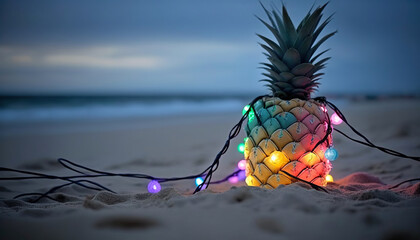 Festive illuminated pineapple on sandy beach. Generative AI