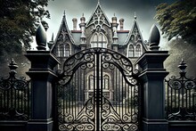 Iron Gates With Intricate Scrollwork, Leading To Gothic Mansion, Created With Generative Ai
