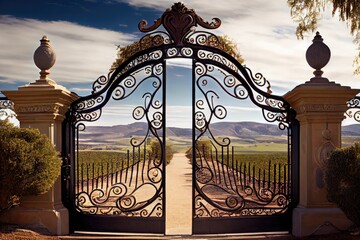 Sticker - iron mansion gates, with a view of the rolling green hills and blue sky, that lead to grandiose estate, created with generative ai