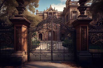 Canvas Print - iron gates, with intricate scrollwork and filigree details, leading to grand mansion, created with generative ai