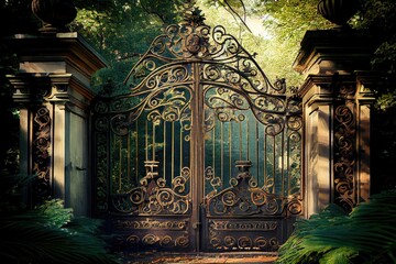 Canvas Print - old iron mansion gates, with intricate scrollwork and hinges, surrounded by lush greenery, created with generative ai