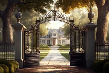 Poster - iron mansion gates, with view of manicured lawns and towering trees, in peaceful country setting, created with generative ai