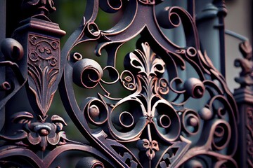 Wall Mural - close-up of iron mansion gates, with intricate scrollwork and hinges visible, created with generative ai