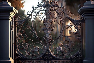 Canvas Print - iron mansion gates with intricate metalworking and detailed scrollwork, created with generative ai