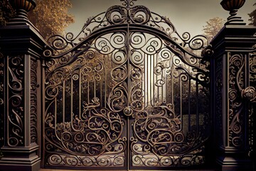 Canvas Print - iron mansion gates with intricate metalworking and detailed scrollwork, created with generative ai