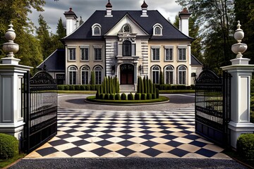 Canvas Print - mansion with grand iron gate, set against black and white checkered gravel driveway, created with generative ai