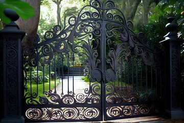 Sticker - iron mansion gates, with intricate and elaborate designs, in a peaceful garden setting, created with generative ai