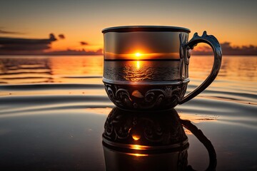 Wall Mural - beautiful sunrise over the sea, reflected in an iron mug, created with generative ai