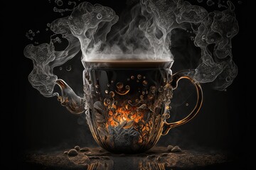 Poster - iron mug filled with hot coffee, the steam rising from the surface, created with generative ai