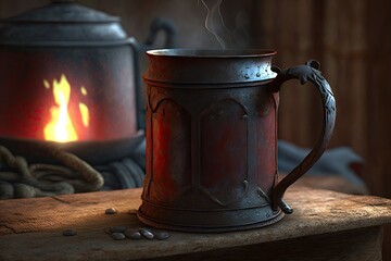 Wall Mural - simple, rustic iron mug with heartwarming hot beverage in the background, created with generative ai