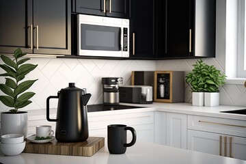 Wall Mural - stylish modern kitchen with sleek black and white accents, featuring an iron mug on the counter, created with generative ai