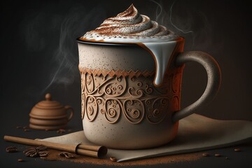 Canvas Print - iron mug filled with piping hot coffee, topped with foamy milk and cinnamon, created with generative ai