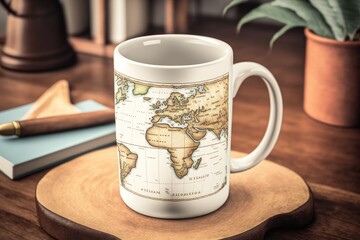 Canvas Print - coffee mug with illustration of map, perfect for marking favorite travel destinations, created with generative ai