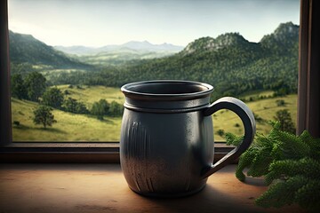 Wall Mural - iron mug with a view, overlooking lush greenery and rolling hills, created with generative ai