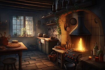 Sticker - a cozy kitchen with warm lighting, a crackling fire and the smell of freshly baked pastries, created with generative ai