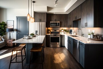 Poster - open kitchen with modern appliances and sleek countertops, surrounded by warm lighting, created with generative ai