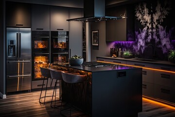 Sticker - modern kitchen with sleek designs and high-end appliances, surrounded by warm ambient lighting, created with generative ai