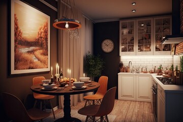 Wall Mural - kitchen, with warm lighting and cozy atmosphere, is the perfect setting for intimate dinner, created with generative ai