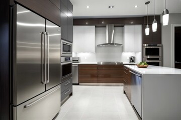 Sticker - modern kitchen with sleek minimalistic decor and sleek stainless steel appliances, created with generative ai