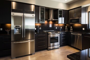 Sticker - modern kitchen with stainless steel appliances and black granite countertops, surrounded by sleek and stylish decor, created with generative ai