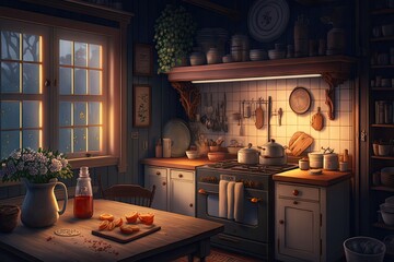 Sticker - a warmly lit kitchen, filled with the scents of baking and cooking, brings comfort and tranquility to the evening, created with generative ai