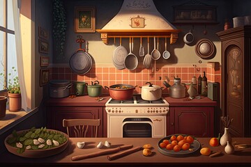 Sticker - a warm and inviting kitchen, with a variety of cooking tools and ingredients in view, created with generative ai