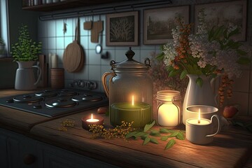 Wall Mural - cozy kitchen with flickering candlelight and fresh flowers for a serene atmosphere, created with generative ai