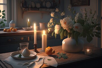 Canvas Print - cozy kitchen with flickering candlelight and fresh flowers for a serene atmosphere, created with generative ai