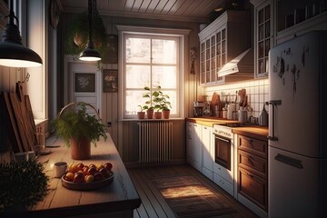 Wall Mural - kitchen, with warm lighting and cozy atmosphere, perfect for a quiet evening at home, created with generative ai