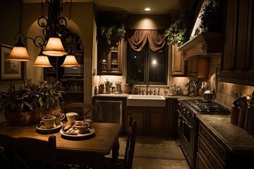 Sticker - warm and inviting kitchen, with cozy lighting and a candle on the countertop, at night, created with generative ai