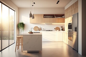 Sticker - a minimalist kitchen with sleek lines and clean details, bathed in warm light, created with generative ai