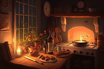 Sticker - relaxing atmosphere with candlelight, warm colors and pleasant music in kitchen at night, created with generative ai