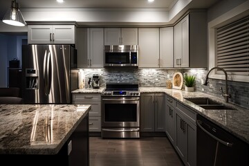 Poster - a modern kitchen with sleek stainless steel appliances and granite countertops, illuminated by warm lights, created with generative ai