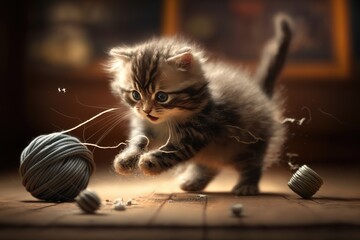 Wall Mural - kitten playfully chasing ball of thread, pouncing and rolling on the floor, created with generative ai