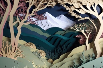 Sticker - close-up of landscape 3d paper cut with intricate details and textures, created with generative ai