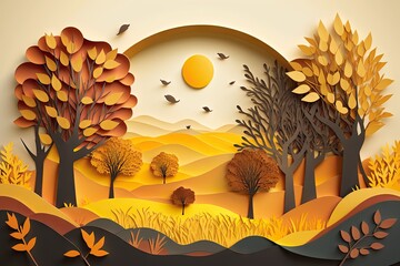 Wall Mural - landscape with autumn leaves and trees, 3d paper cut style, created with generative ai