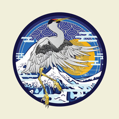 Sticker - phoenix illustration with japanese style background