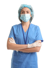 Wall Mural - Female nurse in medical mask on white background