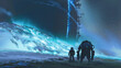 Spaceman and robot on their way to a huge structure partially covered in glowing blue sand, digital art style, illustration painting
