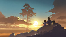 Brothers And Their Dog Sitting On The Rocks And Looking At The Extremely Tall Tree At Sunset, Digital Art Style, Illustration Painting