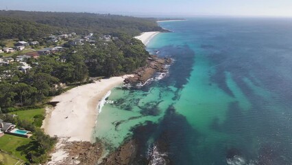 Canvas Print - Aerial drone view of Hyams Beach at Jervis Bay in the City of Shoalhaven on the New South Wales South Coast, Australia, looking north on a sunny morning  