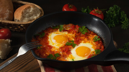 Shakshuka from two eggs in tomato sauce with fresh tomatoes, spices and herbs in a black frying pan. Close-up scrambled eggs