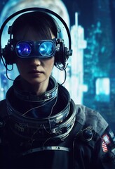 Wall Mural - portrait of a sci-fi cyberpunk girl. high-tech futuristic woman from the future. generative ai art.
