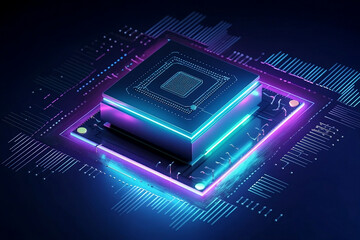 Aufkleber - Futuristic blue neon microchip, data exchange and collection, smart new microchip concept. Quantum computer, large data concept. CPU isometric banner. Central Computer Processors