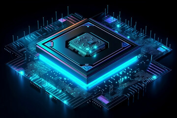 Aufkleber - Futuristic blue neon microchip, data exchange and collection, smart new microchip concept. Quantum computer, large data concept. CPU isometric banner. Central Computer Processors