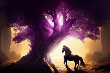 fantasy black horse with magic purple tree, Generative AI