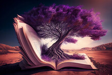 Magic Book In The Desert With Purple Fantasy Tree, Knowledge Is Power, Generative AI