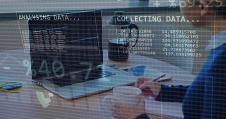 Poster - Animation of financial data with icons over caucasian businesswoman in office