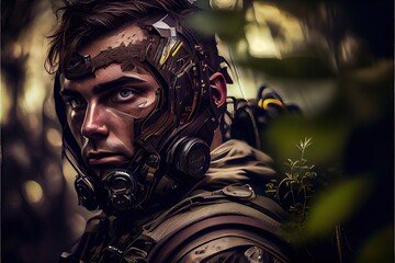 Wall Mural - portrait of fantastic warrior. high-tech futuristic man from the future. generative ai art.
