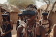 contrast of the future and the past the world of technology, a girl from an African tribe in VR glasses watch, generative ai